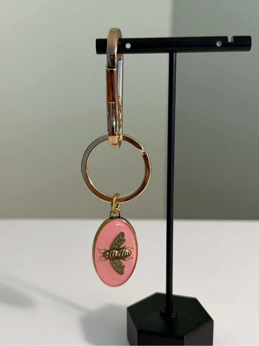 Luxury Gold Bee Keychain with Pink Enamel Oval Charm